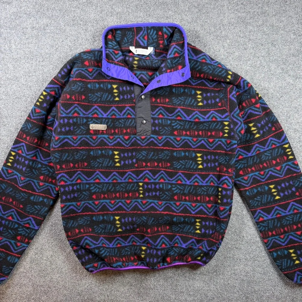 Columbia Aztec Geometric Vintage 90s Made in USA T Snap Fleece Pullover M Black